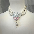Pastel Goth Ice Blue Spiked Doll Face Choker with White Lace & Ribbon Pacifier - Crux Jewelry product photo