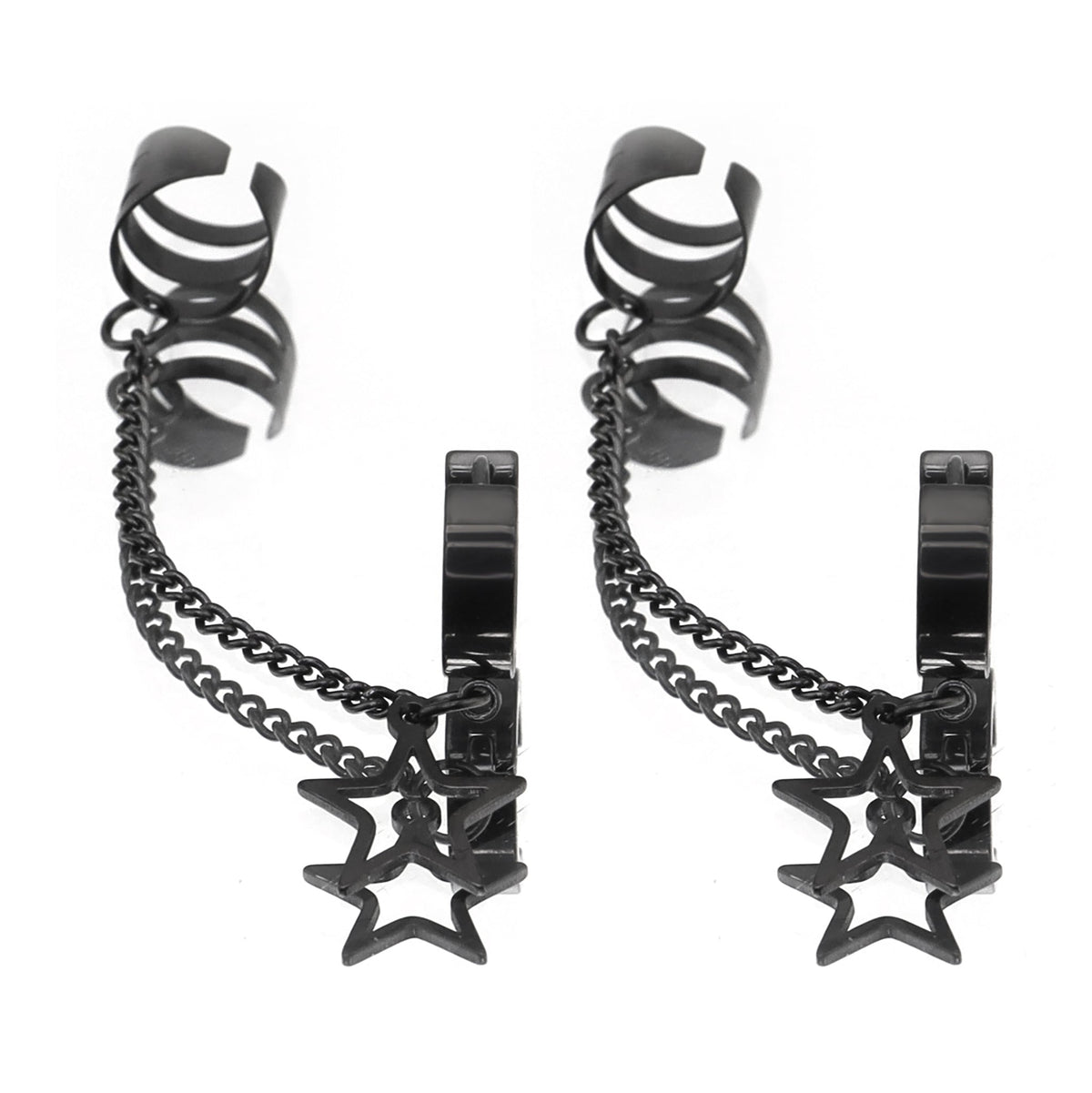 Black & White Chain Pentagram Stainless Steel Ear Clips - Black