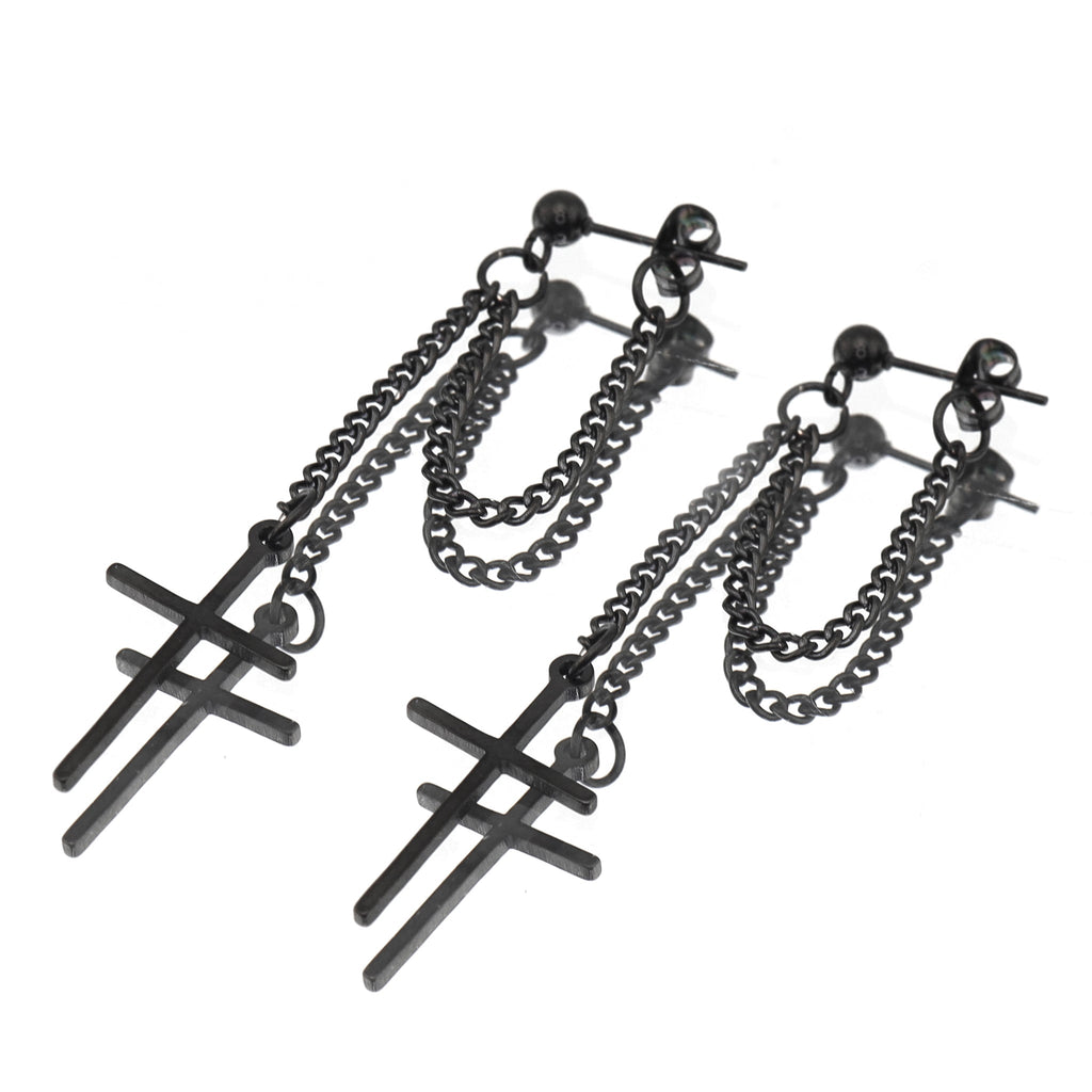 Silver & Black Cross Drop Chain Stainless Steel Ear Studs - Black