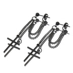 Silver & Black Cross Drop Chain Stainless Steel Ear Studs - Black
