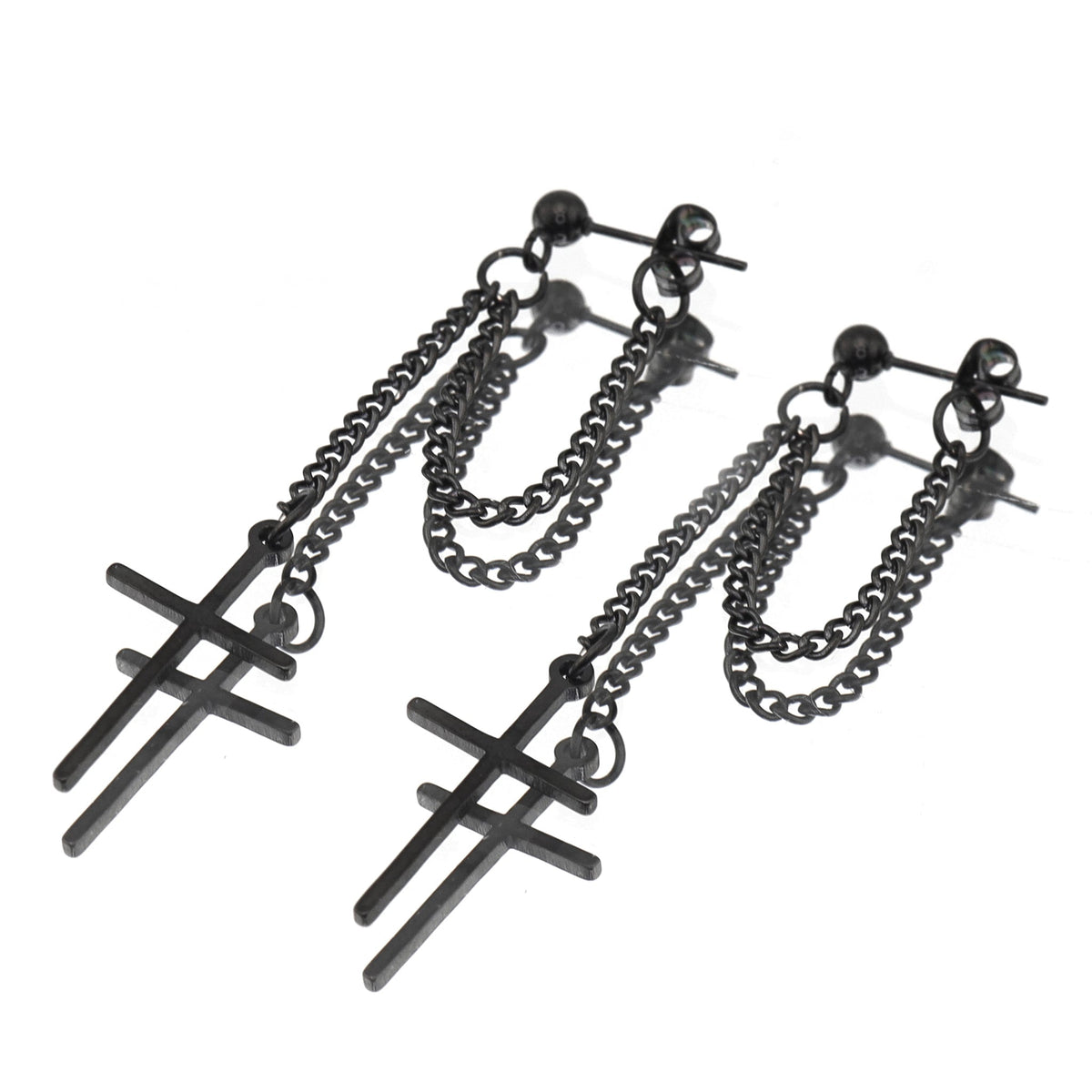Silver & Black Cross Drop Chain Stainless Steel Ear Studs - Black