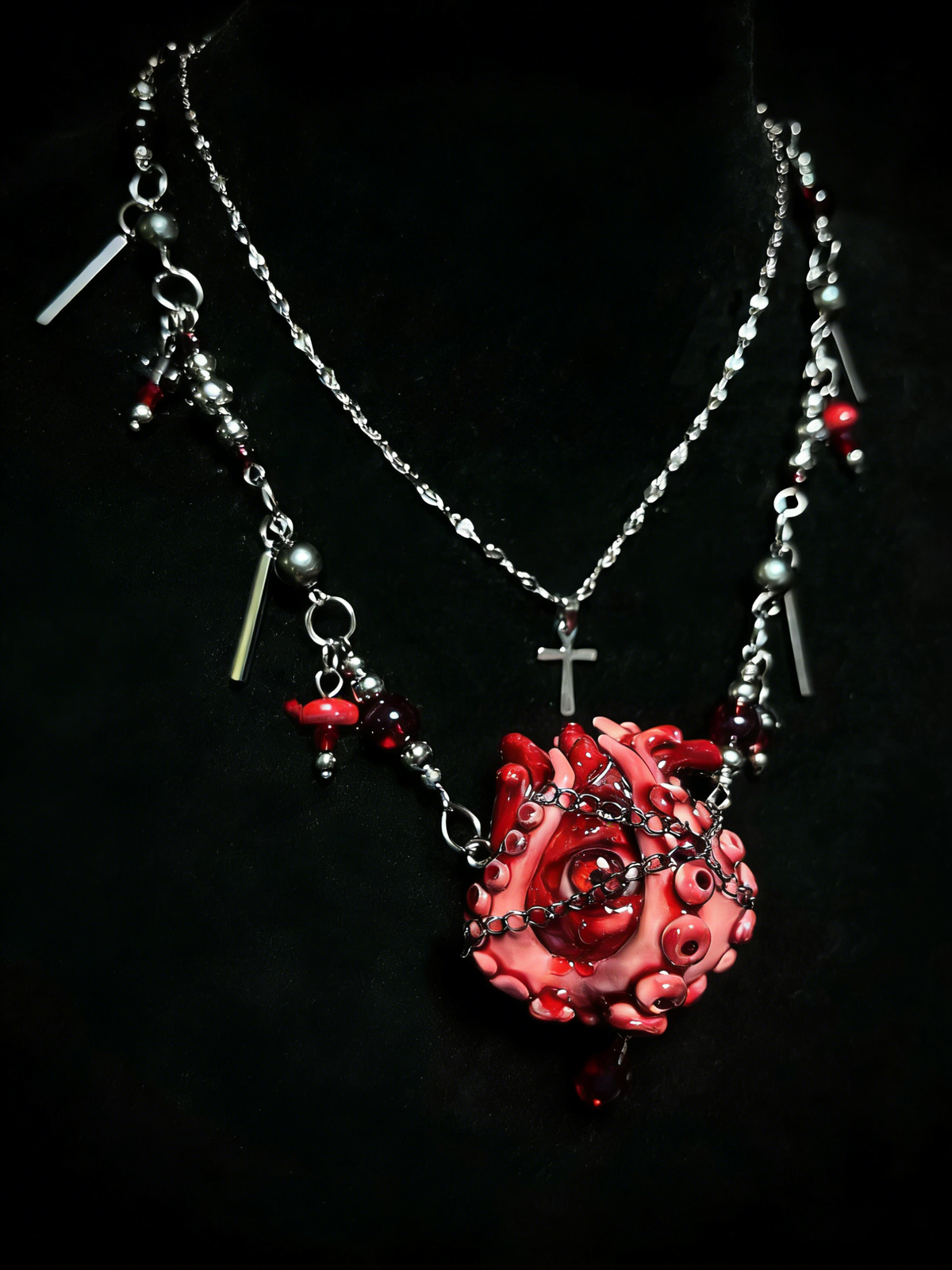 Cthulhu Eye" Red Tentacle Heart Layered Necklace - Silver Cross & Blood Beads - Crux Jewelry product image 2