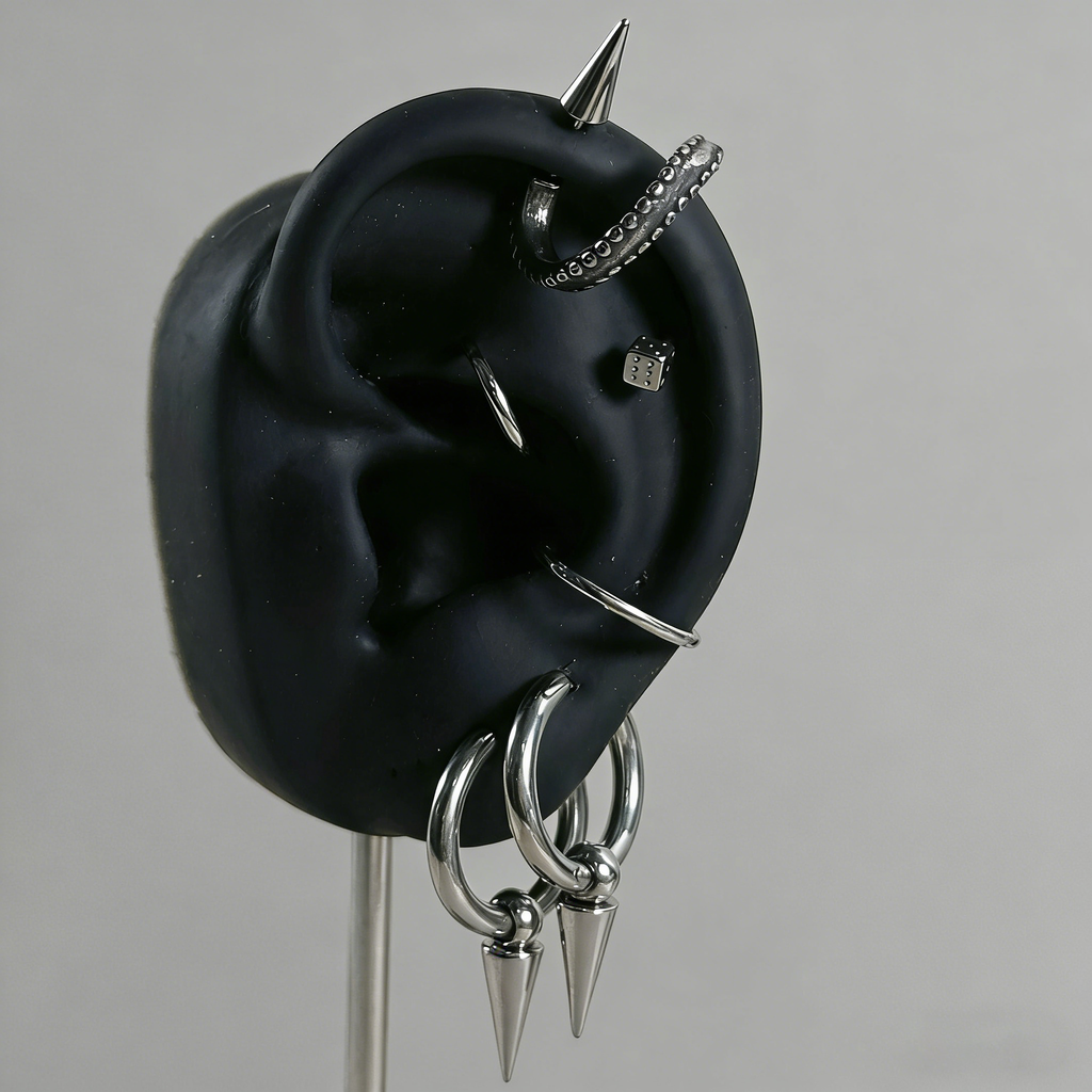 Cyberpunk Spiked Tentacle & Dice Ear Stack Silver Earring Set - ear and cartilage jewelry 5