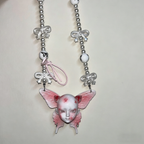 Coquette Pink Butterfly Doll Face Pearl Necklace with Silver Bows & Ribbons - Crux Jewelry product photo