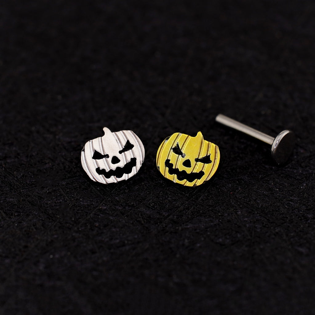 Hallowmas - Engraved Pumpkin Head Titanium Ear Studs - Yellow
