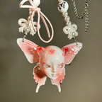 Coquette Pink Butterfly Doll Face Pearl Necklace with Silver Bows & Ribbons - Crux Jewelry product photo