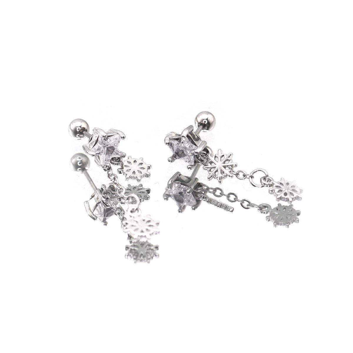 Christmas - PAIR OF Snowflake Pentagram Dangle Stainless Steel Ear Studs - product image 4