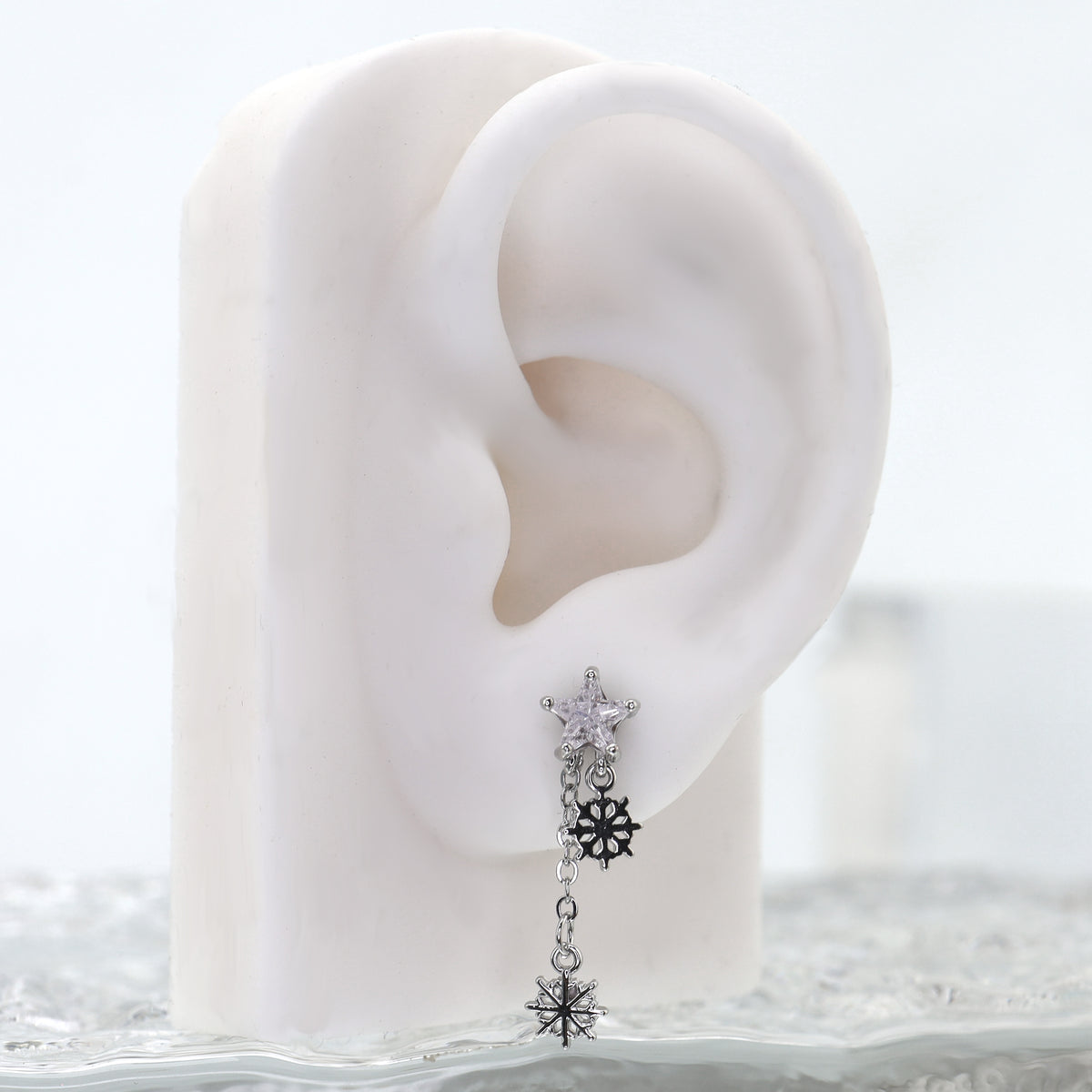 Christmas - PAIR OF Snowflake Pentagram Dangle Stainless Steel Ear Studs - product image 2