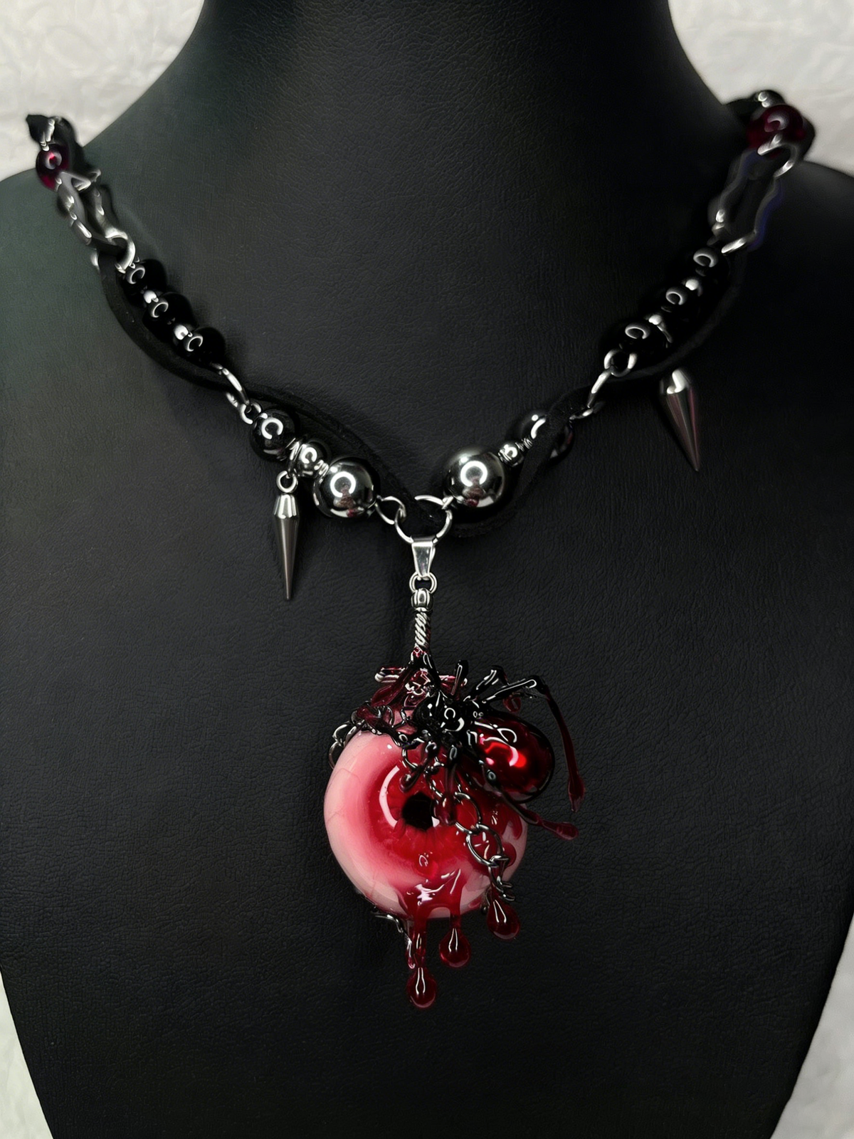 Red Tentacle Heart Layered Necklace - Silver Spider & Cross Charms - Crux Jewelry product photo