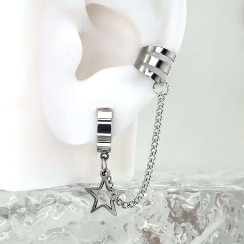 Black & White Chain Pentagram Stainless Steel Ear Clips - product overview