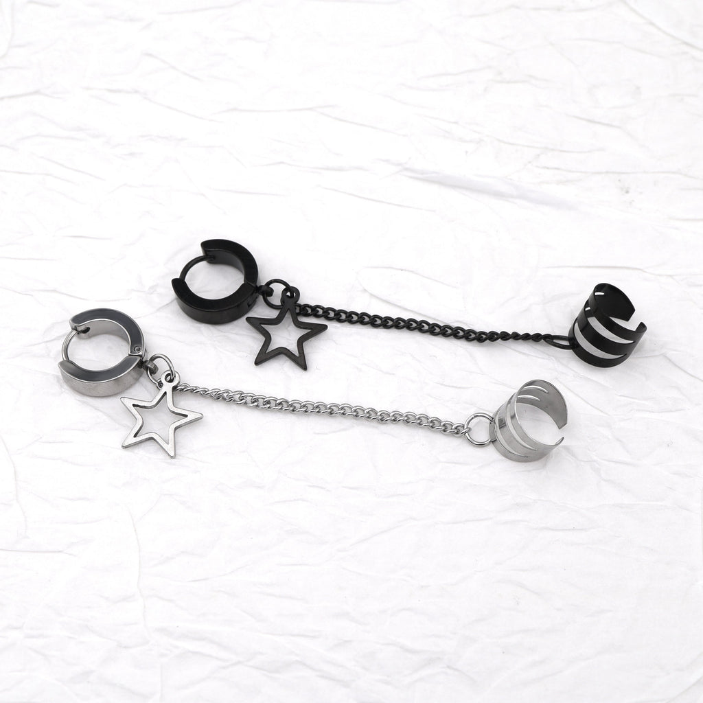 Black & White Chain Pentagram Stainless Steel Ear Clips - Black