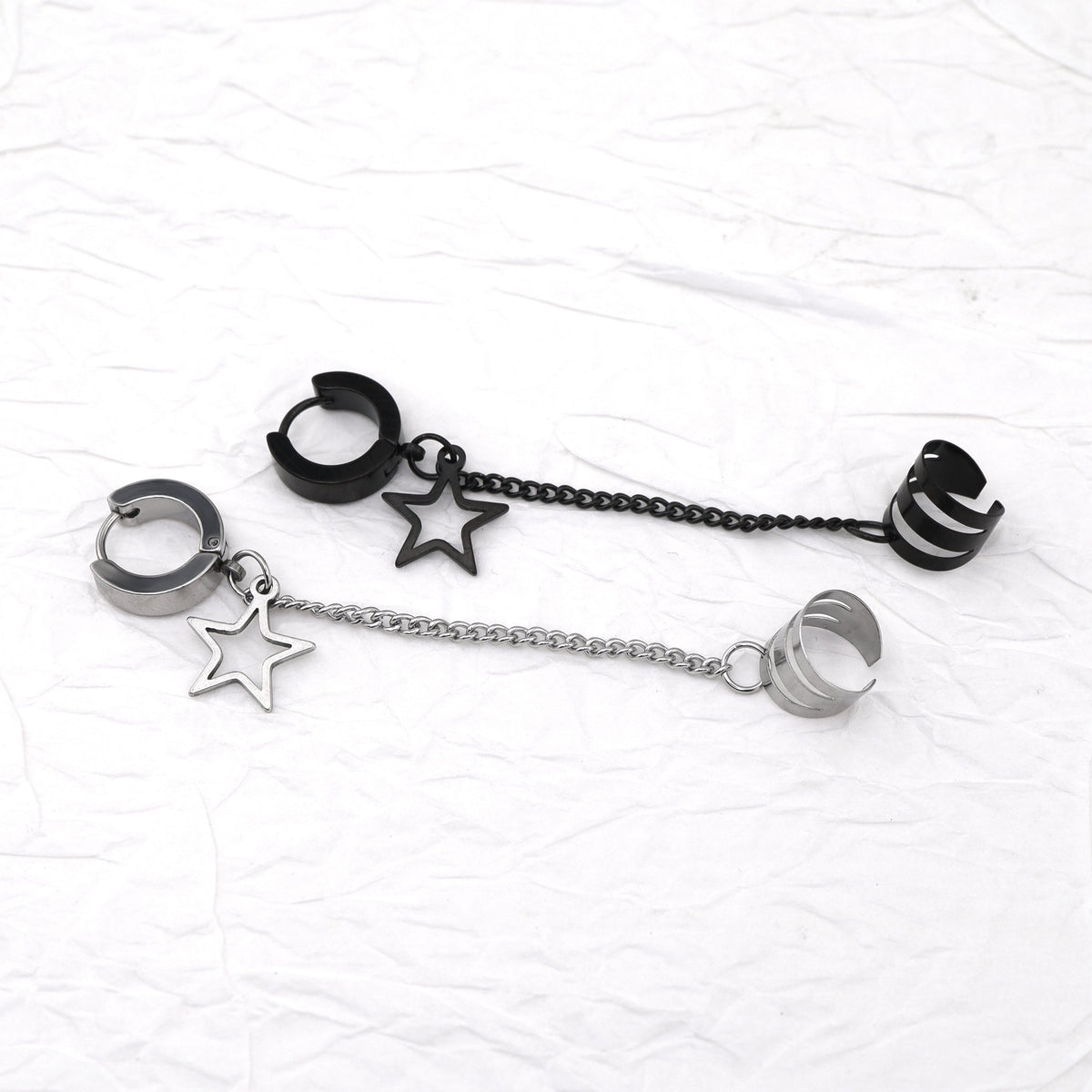 Black & White Chain Pentagram Stainless Steel Ear Clips - Black