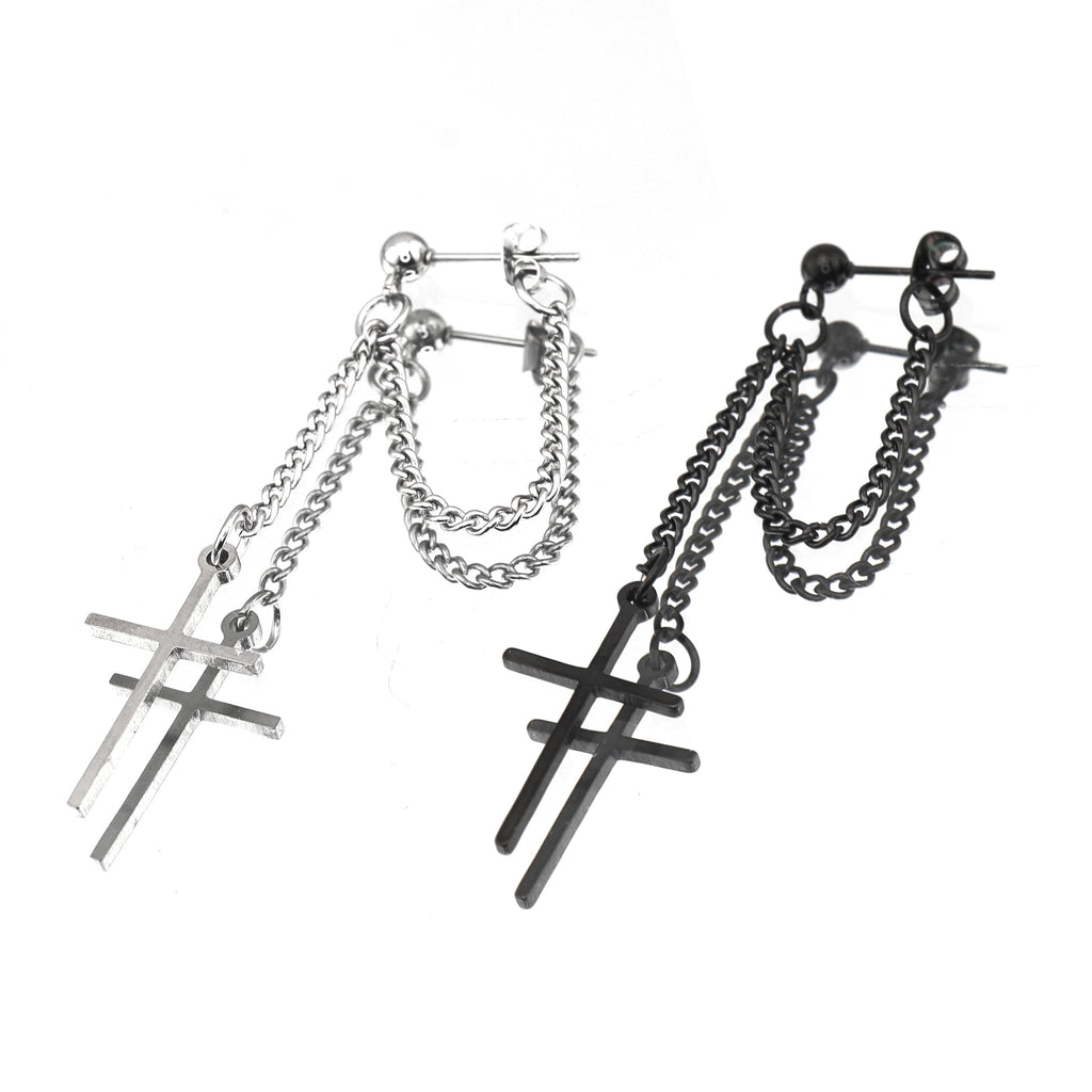 Silver & Black Cross Drop Chain Stainless Steel Ear Studs - Black