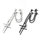 Silver & Black Cross Drop Chain Stainless Steel Ear Studs - Black