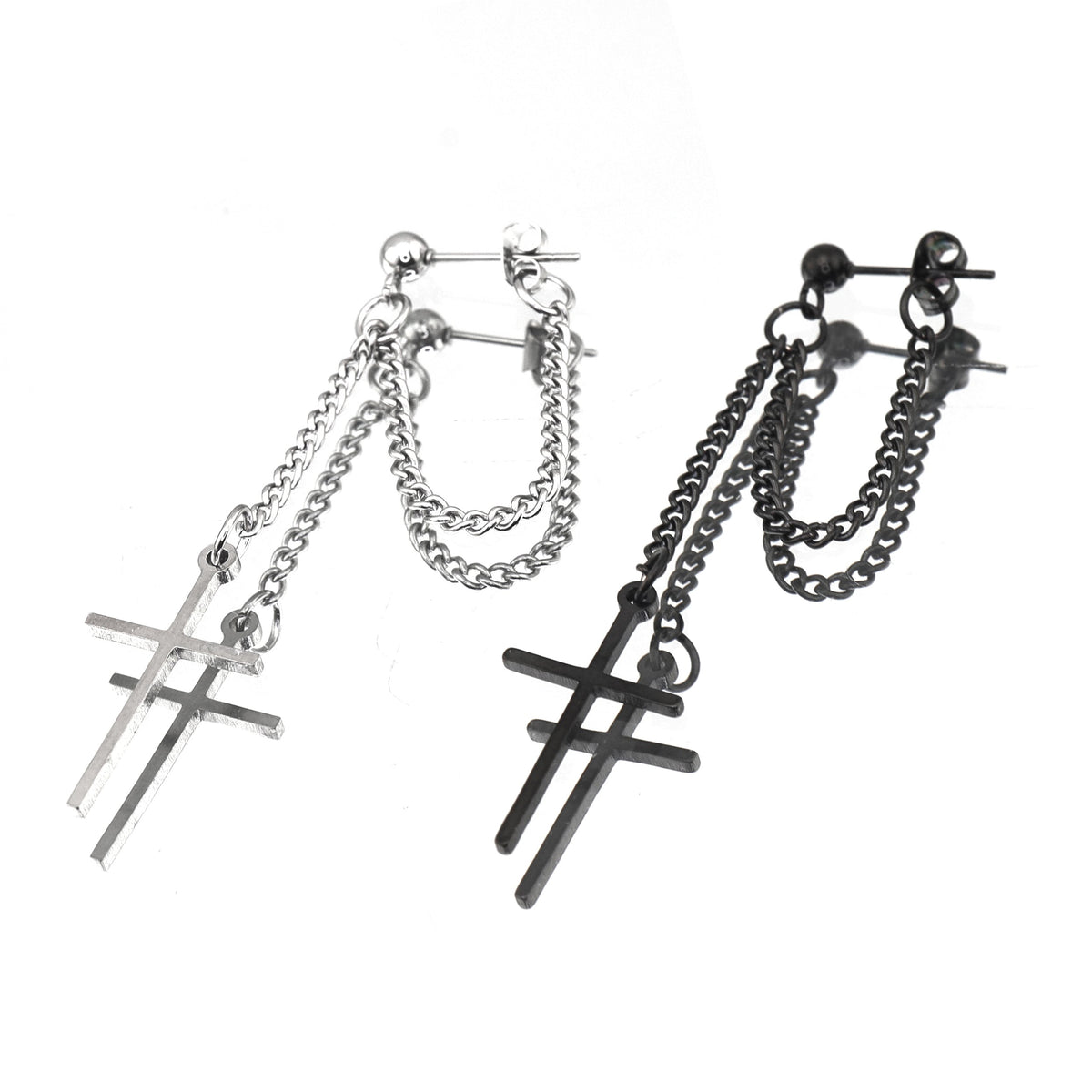 Silver & Black Cross Drop Chain Stainless Steel Ear Studs - Black