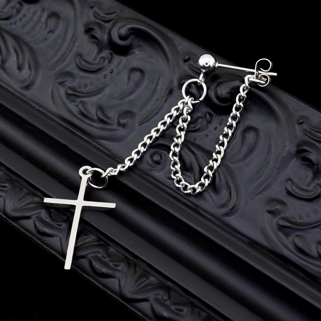 Silver & Black Cross Drop Chain Stainless Steel Ear Studs - Black
