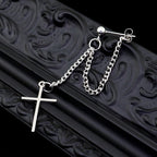 Silver & Black Cross Drop Chain Stainless Steel Ear Studs - Black