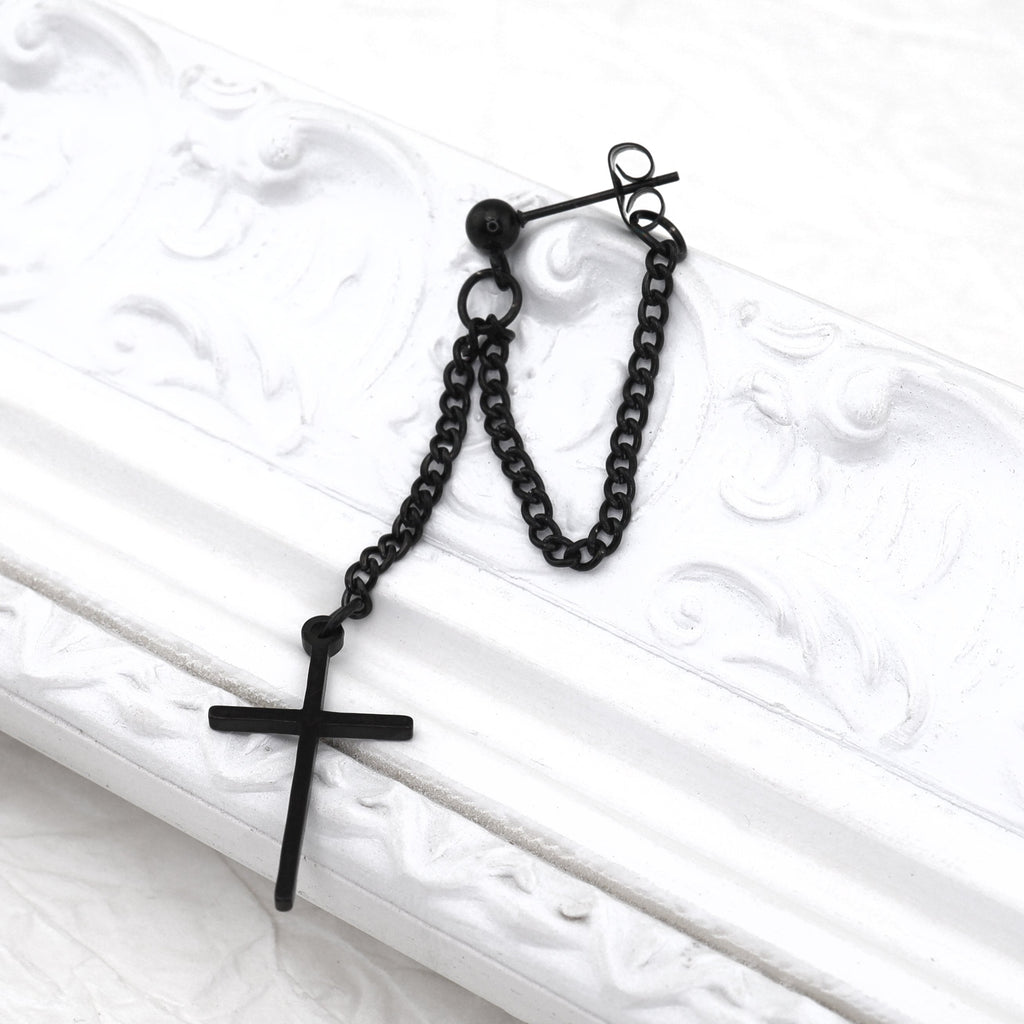 Silver & Black Cross Drop Chain Stainless Steel Ear Studs - Black