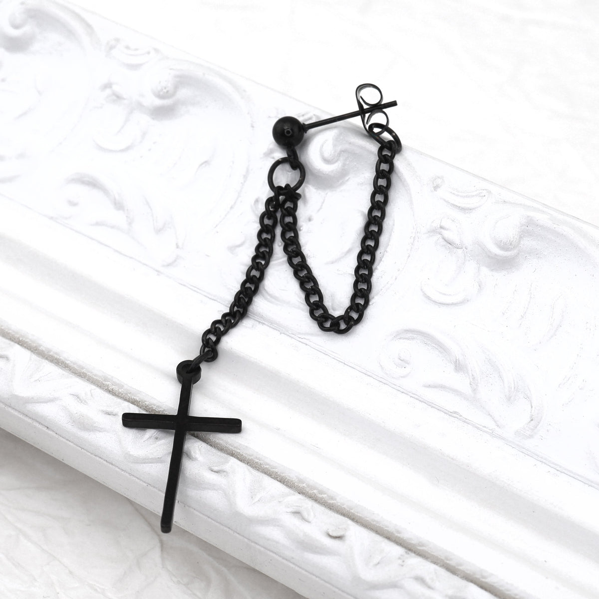 Silver & Black Cross Drop Chain Stainless Steel Ear Studs - Black
