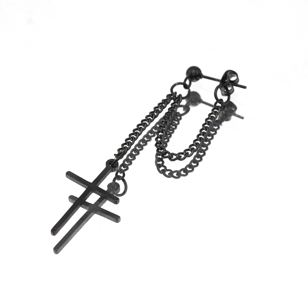 Silver & Black Cross Drop Chain Stainless Steel Ear Studs - Black