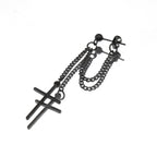 Silver & Black Cross Drop Chain Stainless Steel Ear Studs - Black