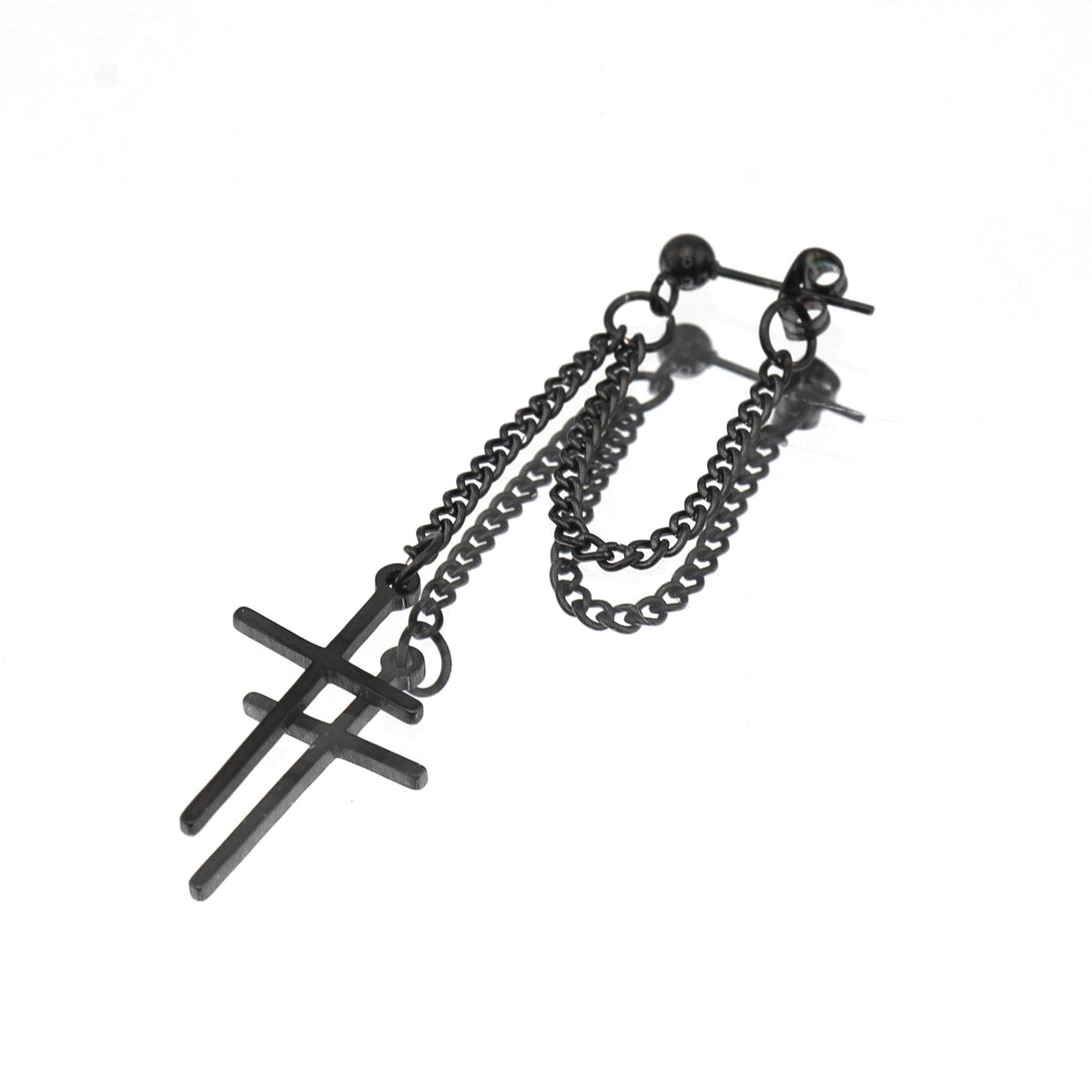 Silver & Black Cross Drop Chain Stainless Steel Ear Studs - Black