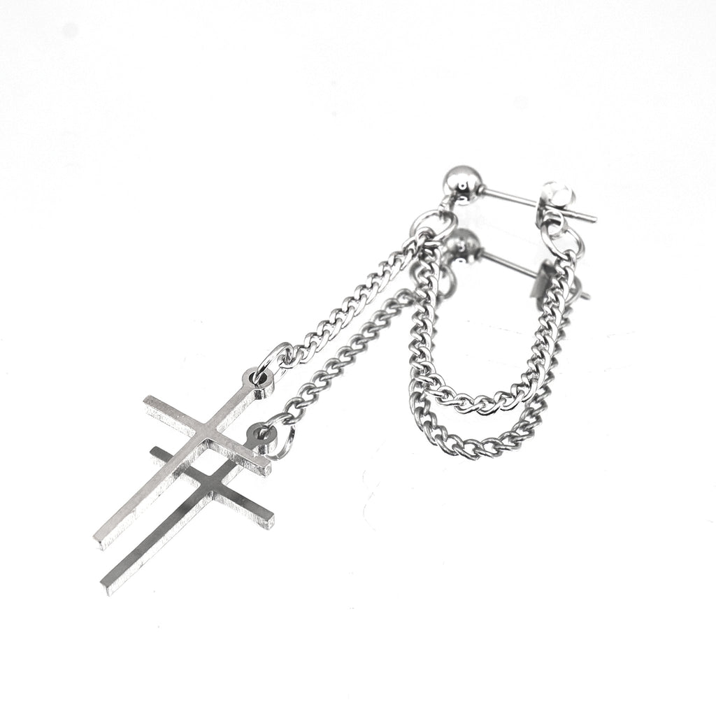 Silver & Black Cross Drop Chain Stainless Steel Ear Studs - Sliver