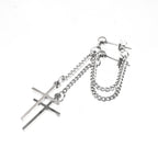 Silver & Black Cross Drop Chain Stainless Steel Ear Studs - Sliver
