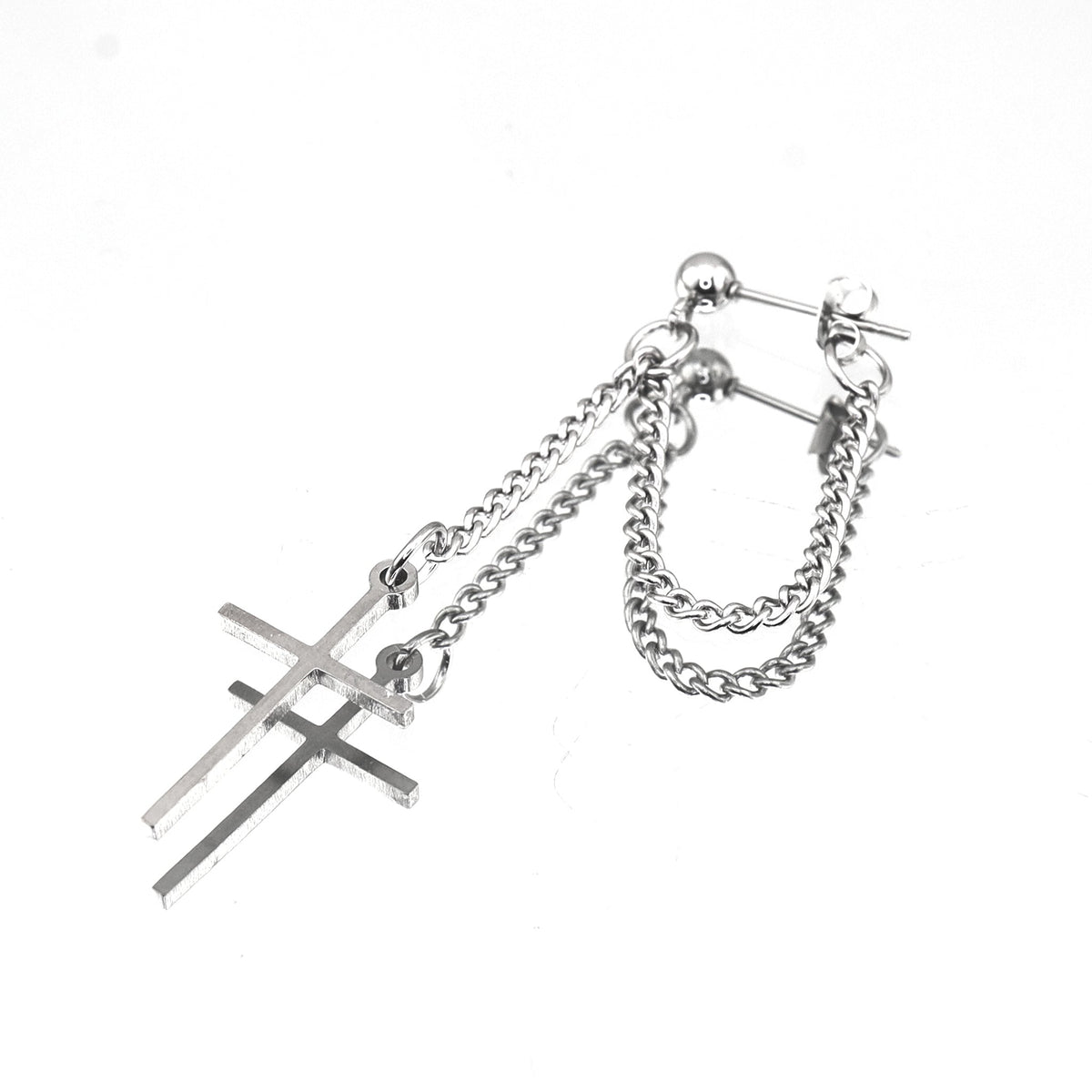 Silver & Black Cross Drop Chain Stainless Steel Ear Studs - Sliver