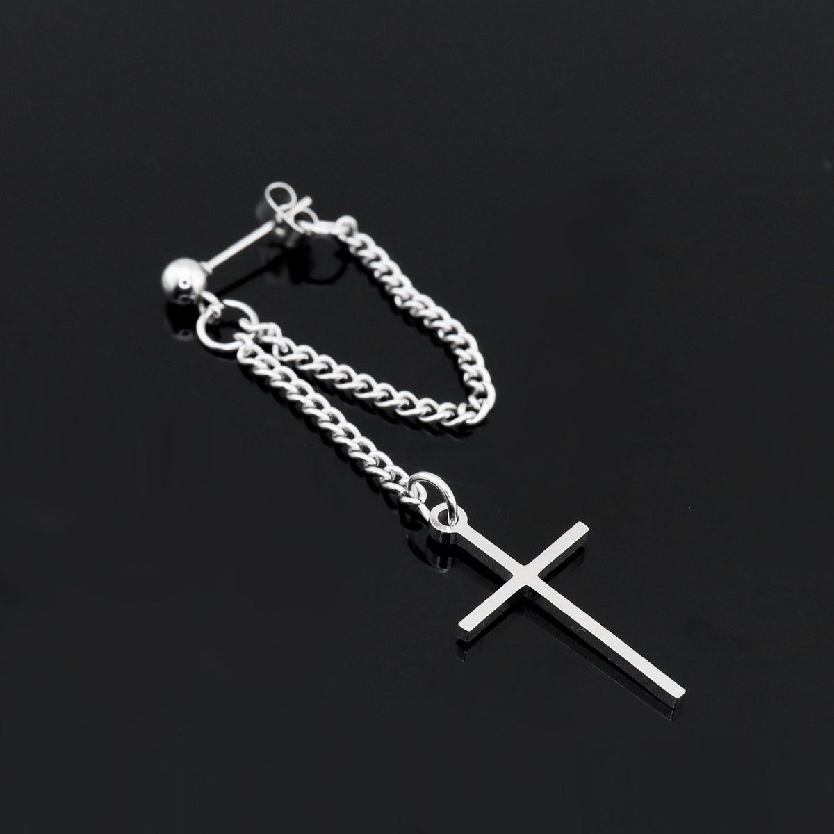 Silver & Black Cross Drop Chain Stainless Steel Ear Studs - product overview