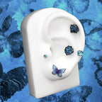 Butterfly Floral Whisper Rose Blue Cartilage & Helix Look - Butterfly Floral Whisper Rose Blue Cartilage & Helix Look - Butterfly