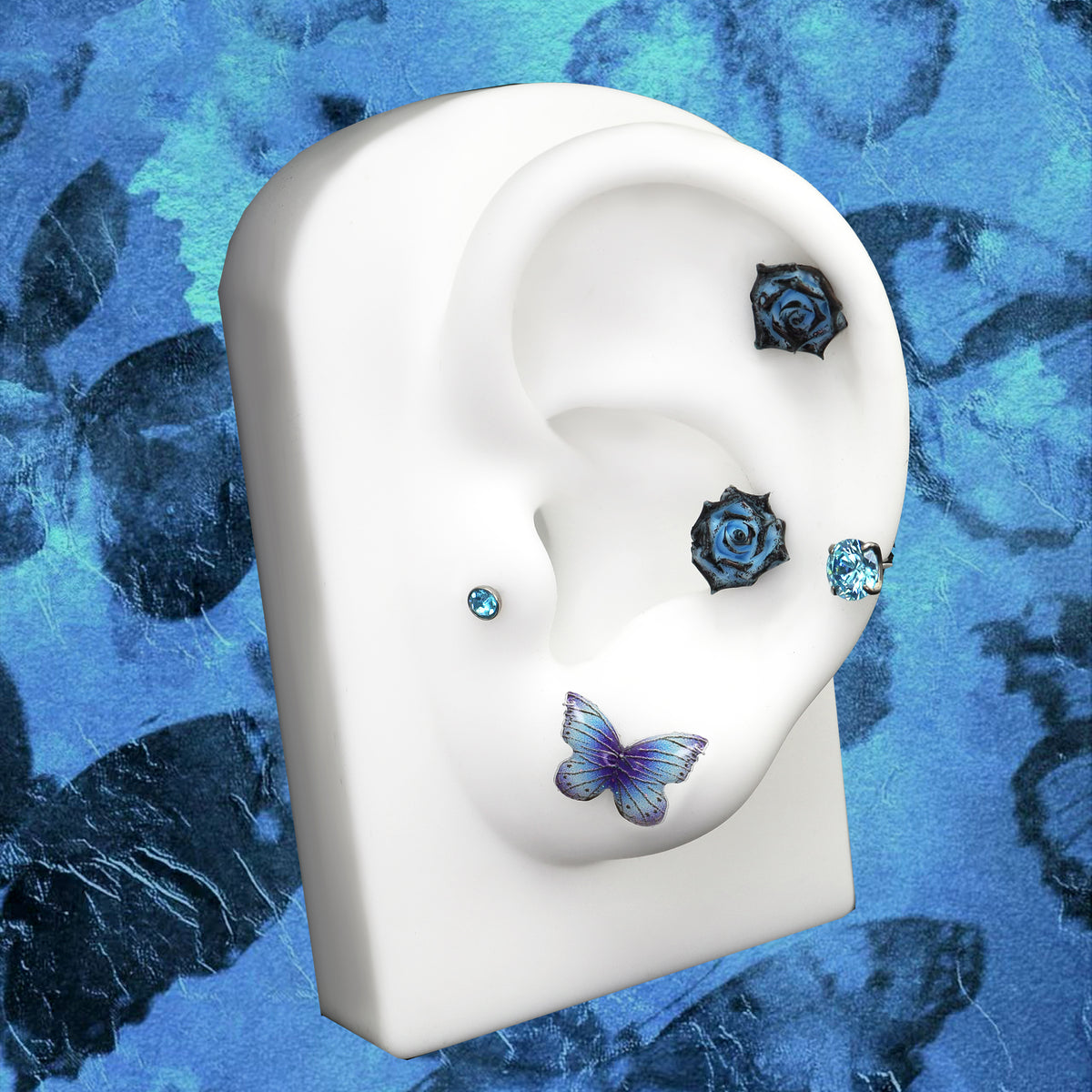 Butterfly Floral Whisper Rose Blue Cartilage & Helix Look - Butterfly Floral Whisper Rose Blue Cartilage & Helix Look - Butterfly