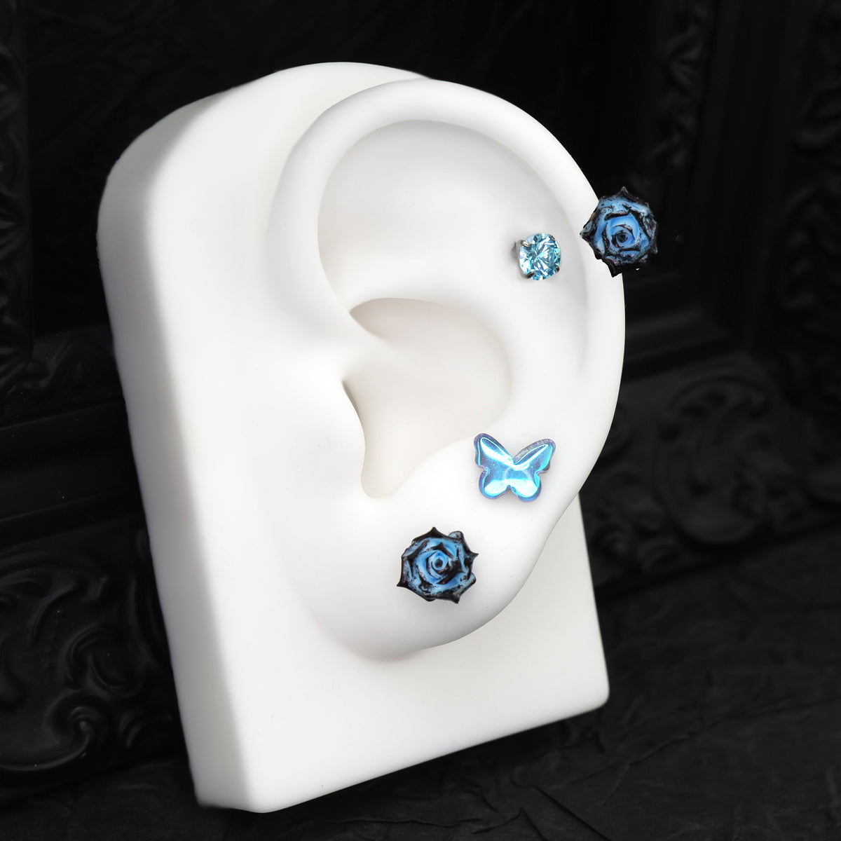 Butterfly Floral Whisper Rose Blue Cartilage & Helix Look - Butterfly Floral Whisper Rose Blue Cartilage & Helix Look - Butterfly