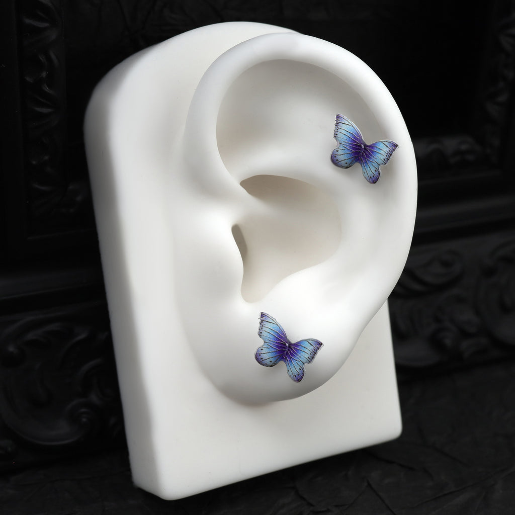 Butterfly Floral Whisper Rose Blue Cartilage & Helix Look - Butterfly Floral Whisper Rose Blue Cartilage & Helix Look - Butterfly