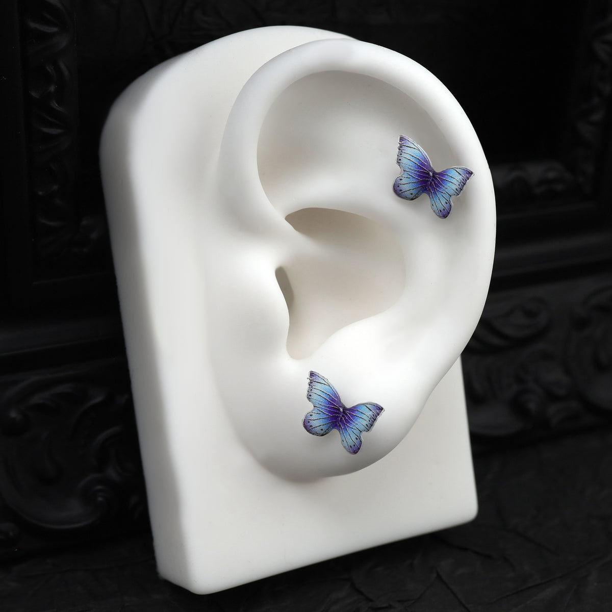 Butterfly Floral Whisper Rose Blue Cartilage & Helix Look - Butterfly Floral Whisper Rose Blue Cartilage & Helix Look - Butterfly