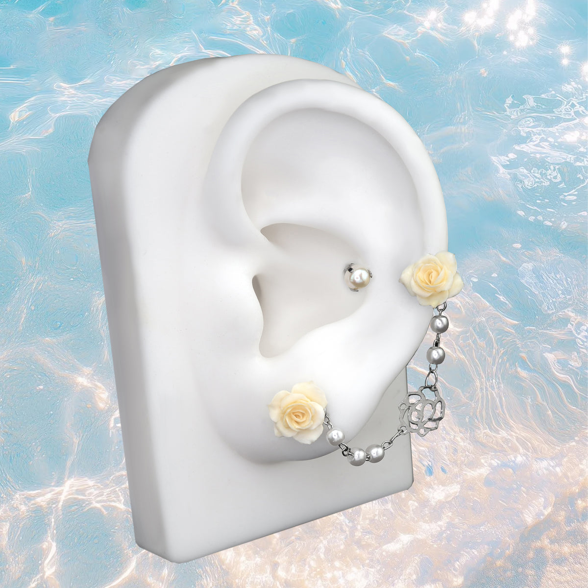 Openwork Rose & Pearl Chain Stainless Steel Earrings - product overview
