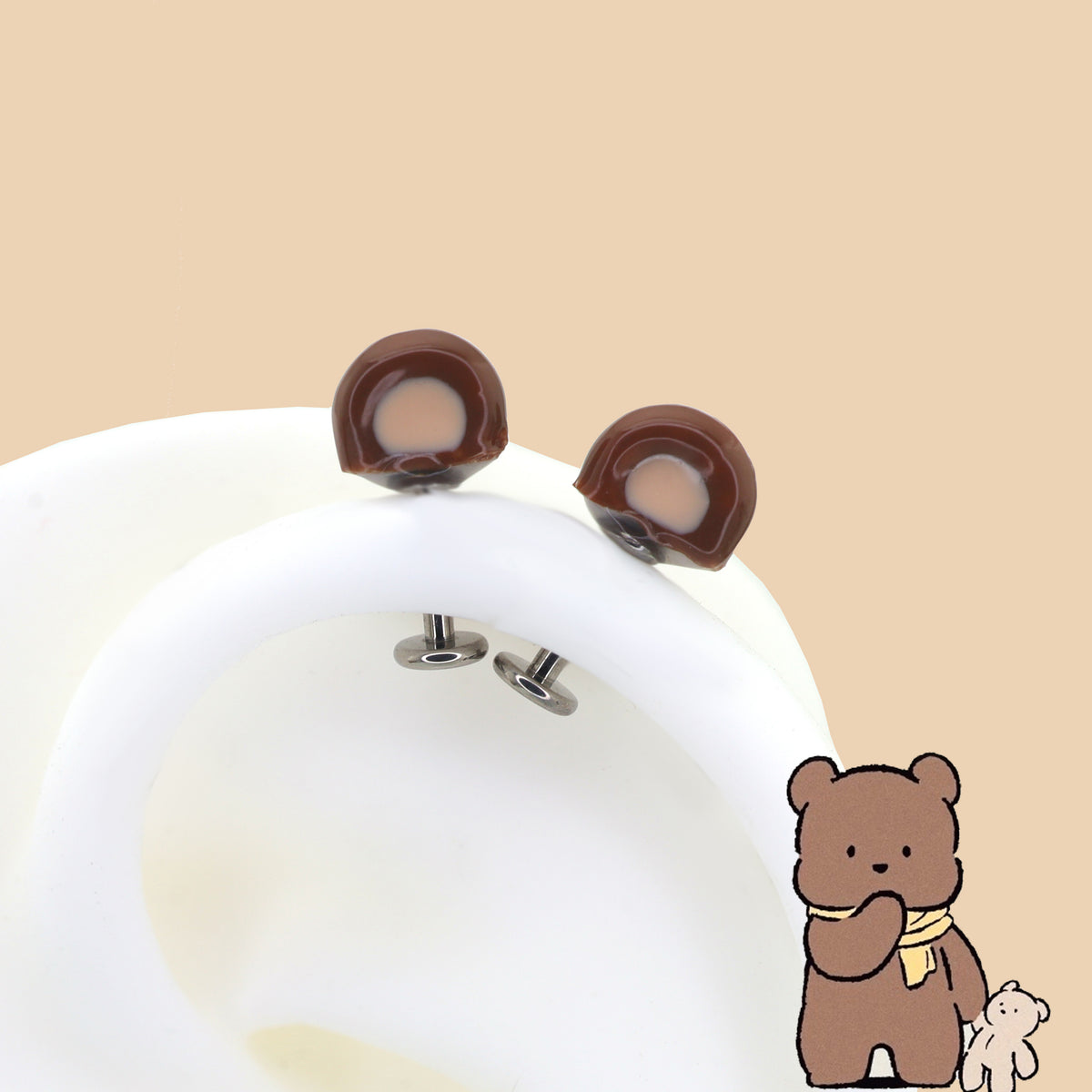 Paws & Purrs - Cute Brown Bear Ear Titanium Ear Stud - product overview