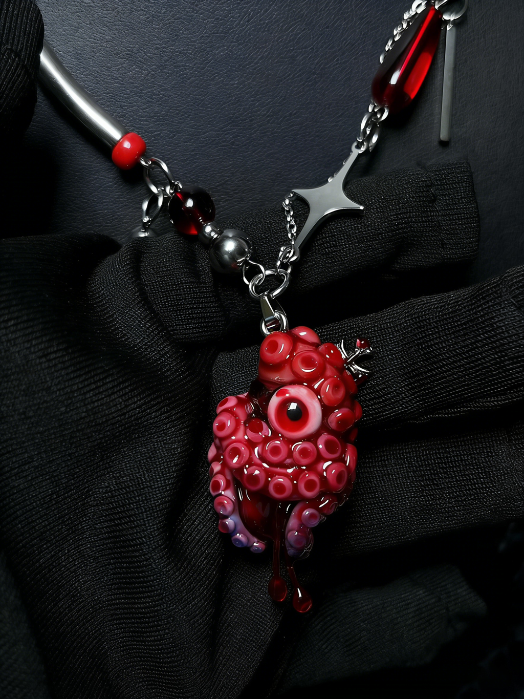 Trapped in Medicine Jar Necklace - Red Tentacle Specimen & Silver Cross - Crux Jewelry product image 1