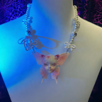 Coquette Pink Butterfly Doll Face Pearl Necklace with Silver Bows & Ribbons - Crux Jewelry product photo