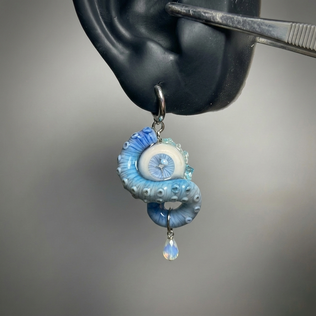 Celestial Cross Cthulhu Eye – Blue Tentacle Earrings - Crux Jewelry product photo