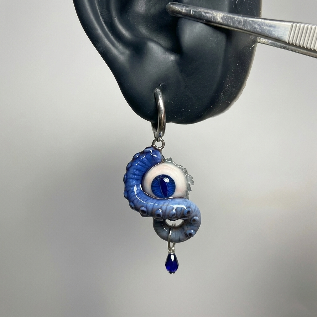 Cthulhu Eye – Vertical Pupil Octopus Tentacle Earrings in Sky & Teal Blue - Crux Jewelry product image 2