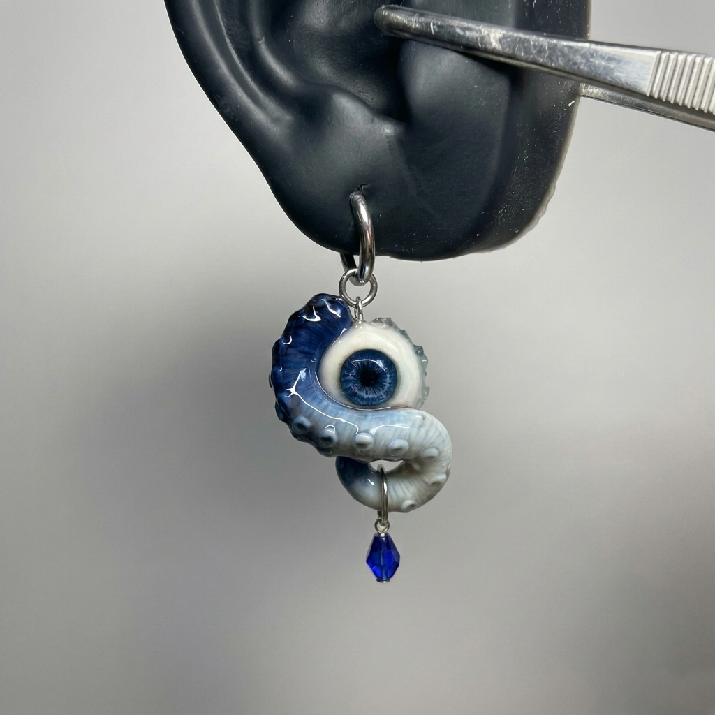 Cthulhu Eye – Pupil Detail Octopus Tentacle Earrings in Sky & Teal Blue - Crux Jewelry product image 6