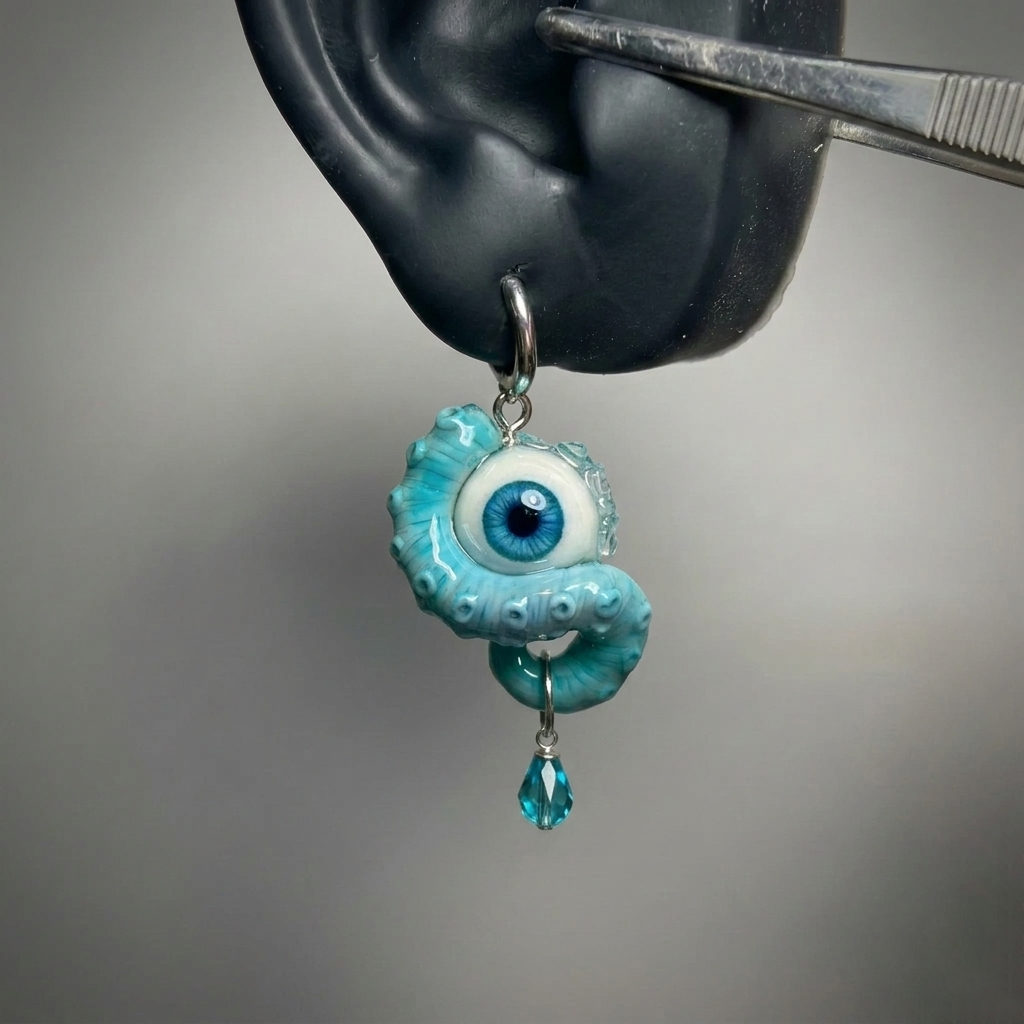 Cthulhu Eye – Pupil Detail Octopus Tentacle Earrings in Sky & Teal Blue - Crux Jewelry product image 5