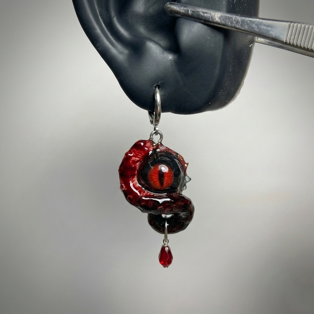 Cthulhu Eye – Vertical Pupil Octopus Tentacle Earrings in Deep Red - Crux Jewelry product image 3