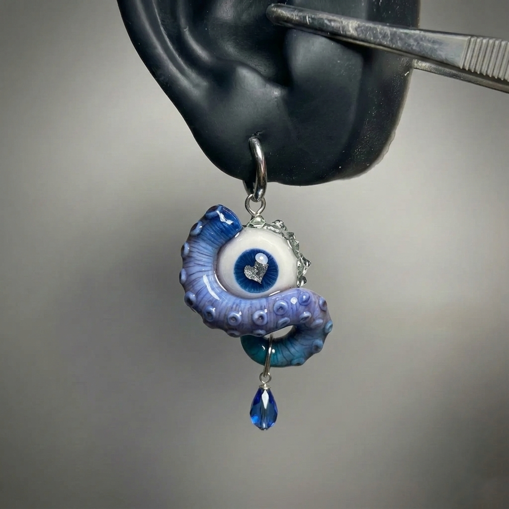 Cthulhu Eye – Heart Detail Octopus Tentacle Earrings in Blue & Pink - Crux Jewelry product image 3