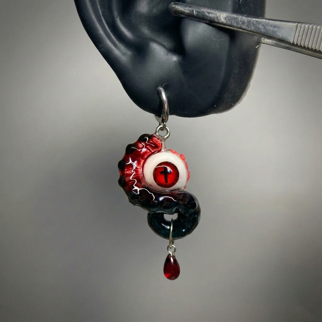 Blood Moon Cthulhu Eye – Crimson Tentacle Earrings with Cross Vertical Pupil gothic earrings - image 3