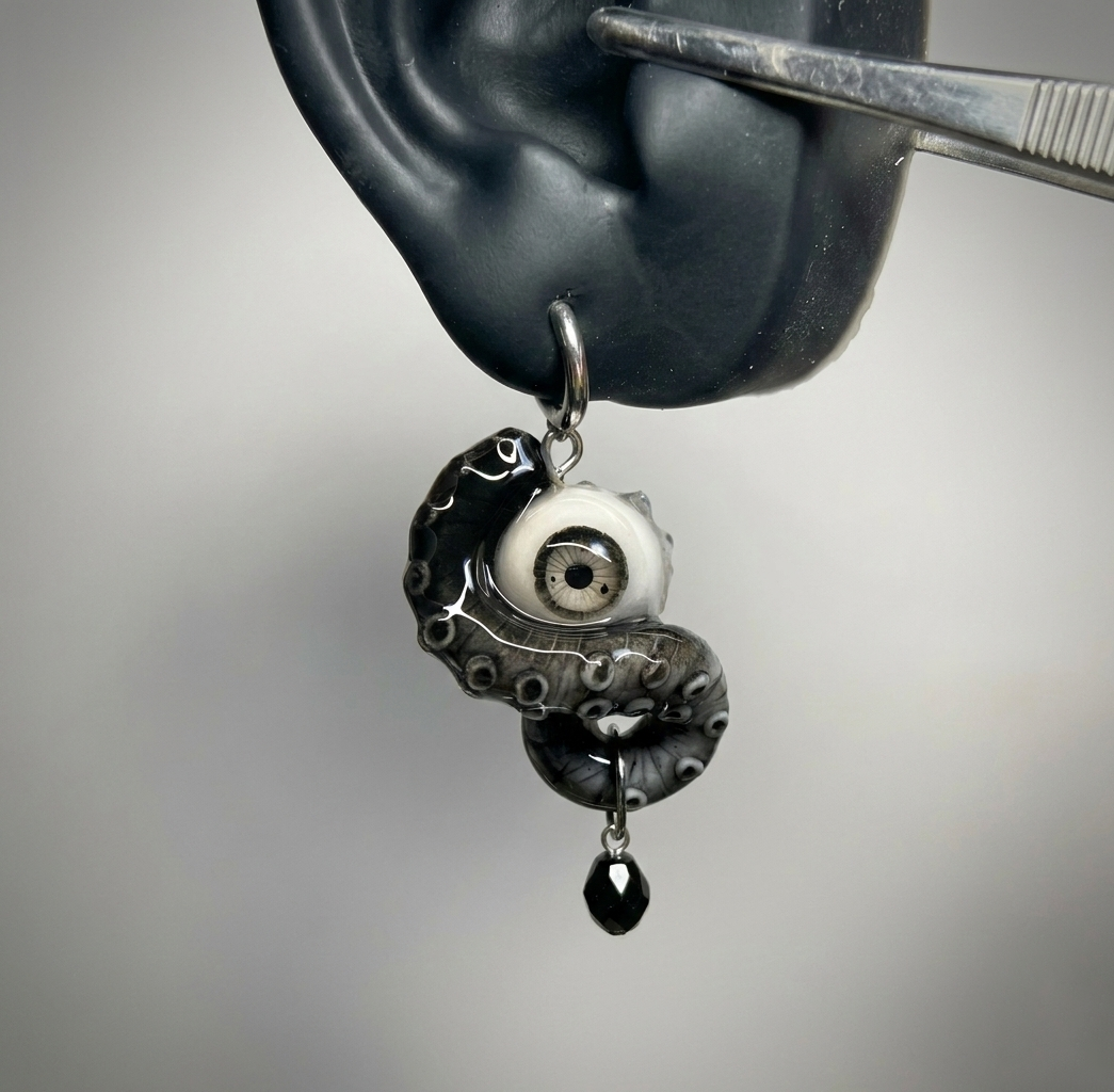 Cthulhu Eye – Monochrome Black & Gray Tentacle Earrings with Realistic Eyeball - Crux Jewelry product photo