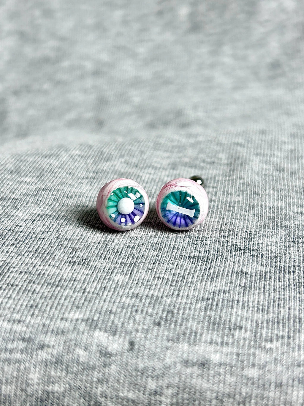 "Ghostly Pet" Mismatched Eyeball Studs - Aurora Iris (Bone & Moon) - Crux Jewelry product image 1