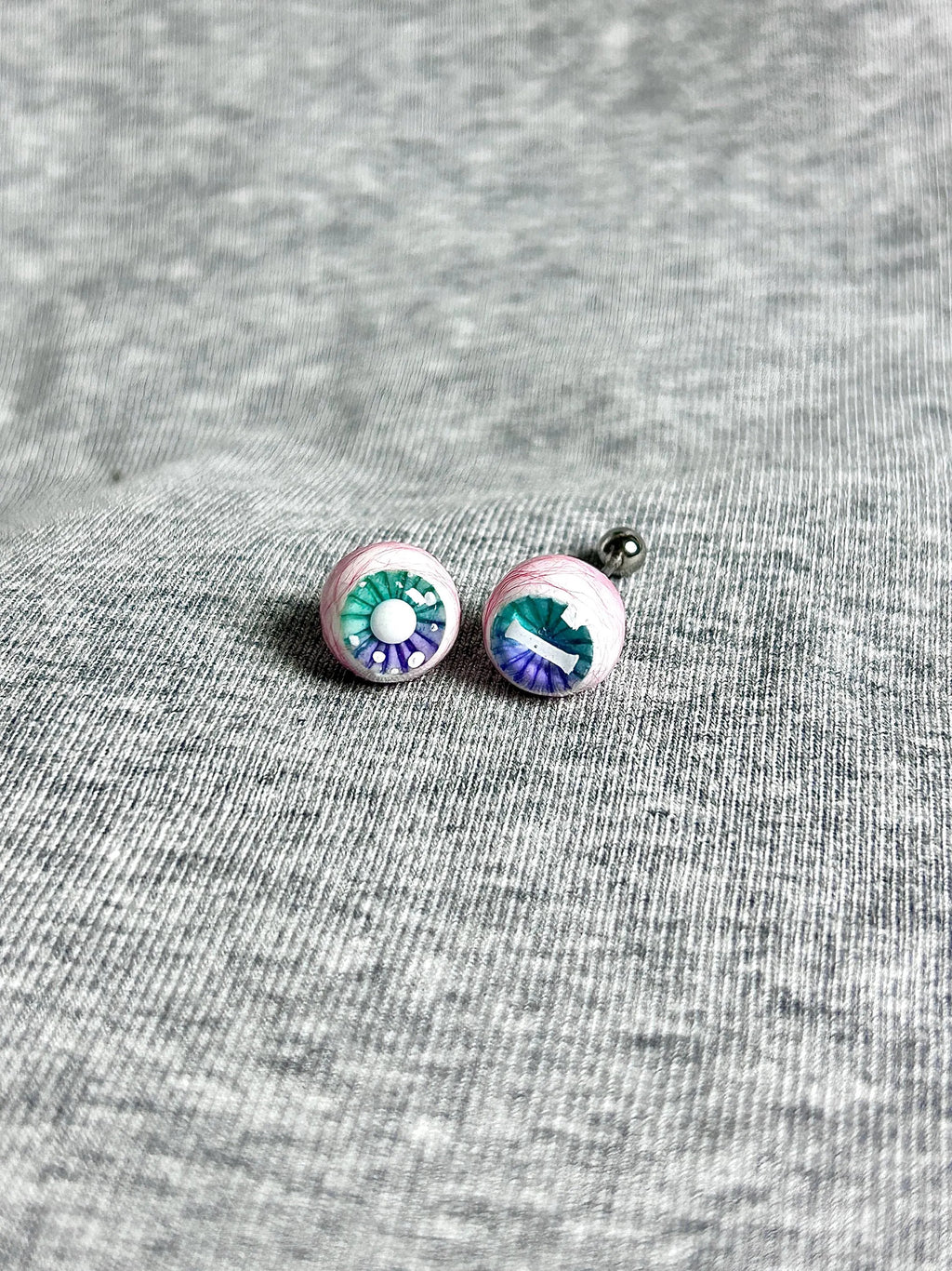 "Ghostly Pet" Mismatched Eyeball Studs - Aurora Iris (Bone & Moon) - Crux Jewelry product image 2