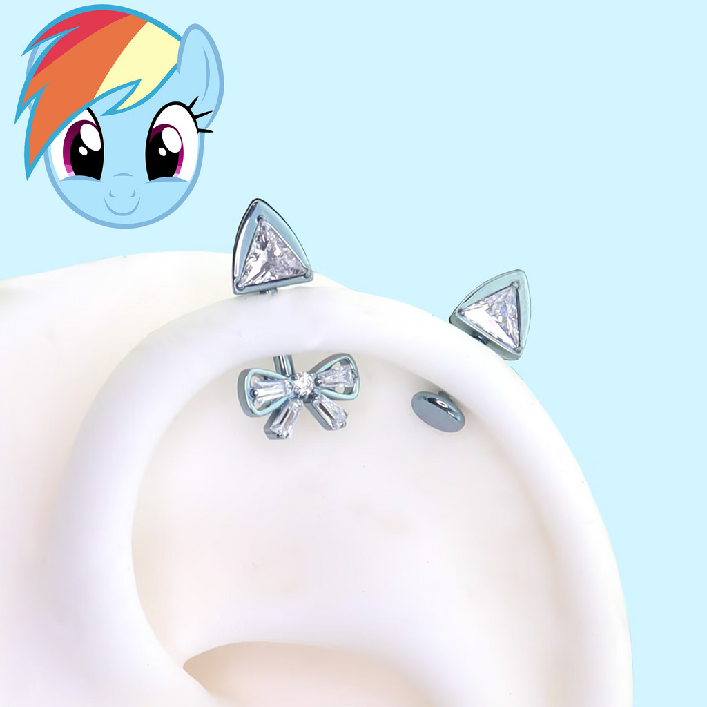 Rainbow Dash crystal bow and triangle studs in blue titanium